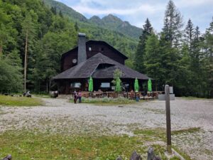 Logar Valley Hiking Trail- the path runs behind the Dom Planincev mountain hut
