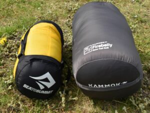 Quilts in general pack smaller than sleeping bags but not always. Left is the Sea to Summit Spark sleeping bag and right is the Kammok Firebelly quilt